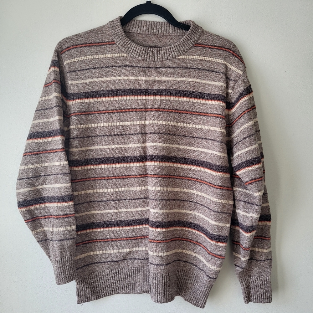 Granpa Cottage core tan with strips crewneck knit sweater